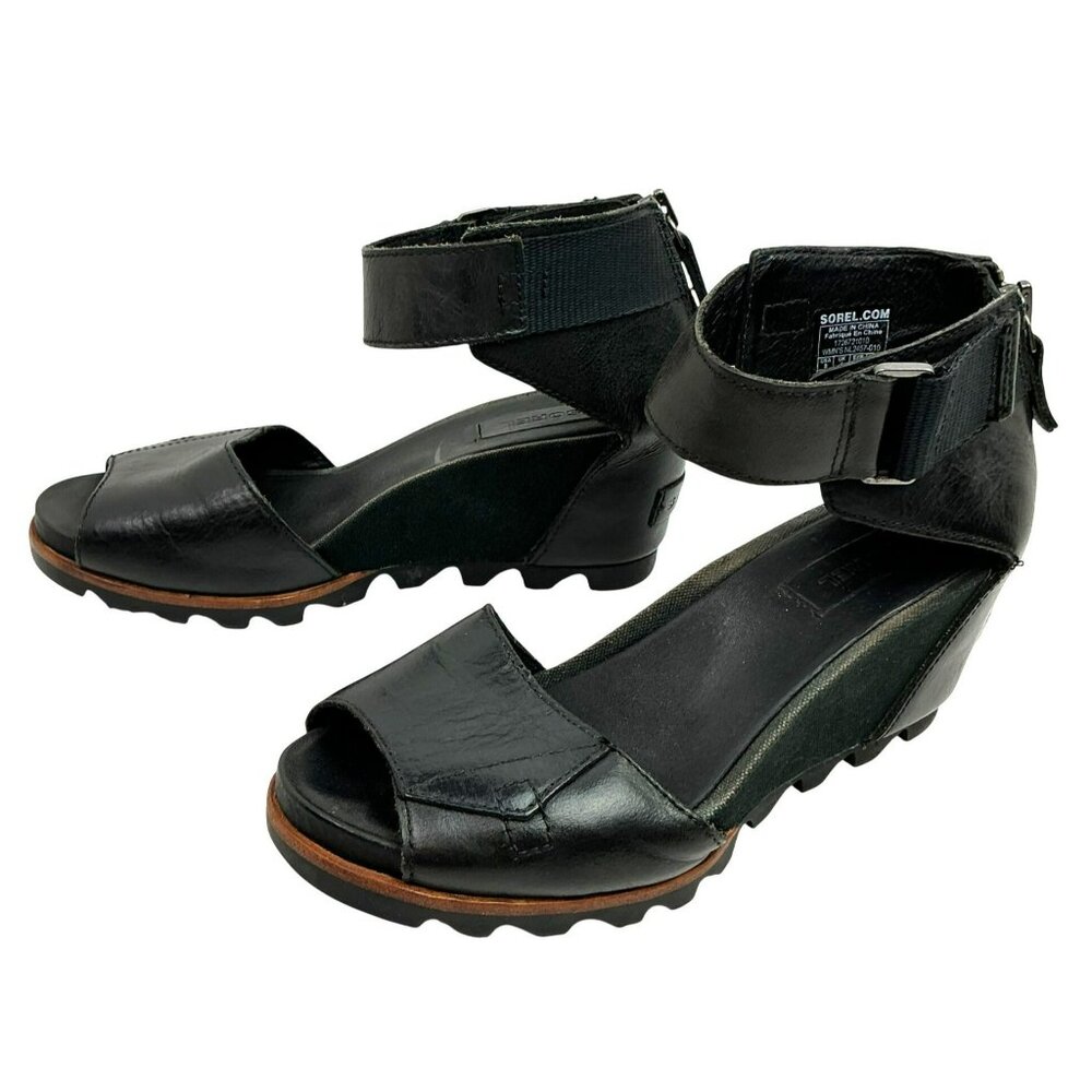 Sorel Joanie ll Ankle Strap Back Zip Wedge Sandals Womens 8 Black